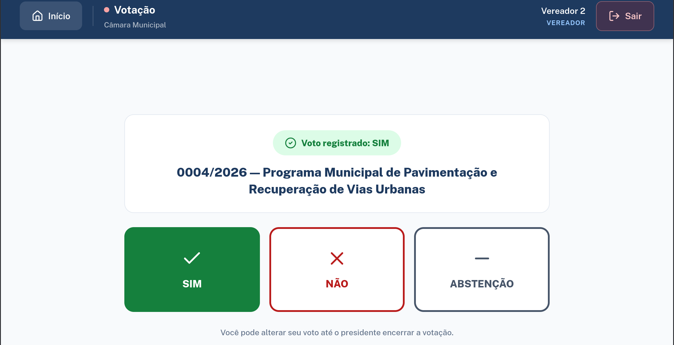 Tela de votação do vereador com voto registrado